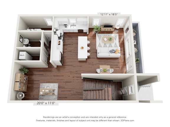 A 3D floor plan of a house with a kitchen, living room, and dining area.