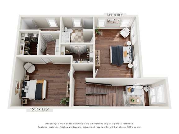 A floor plan of a two-bedroom apartment with a living room, kitchen, and bathroom.
