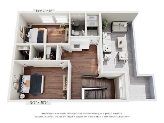 A 3D floor plan of a two-bedroom apartment.
