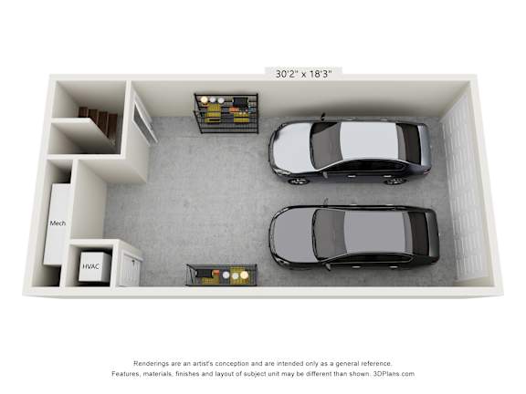 A 3D floor plan of a parking garage with two cars parked in it.