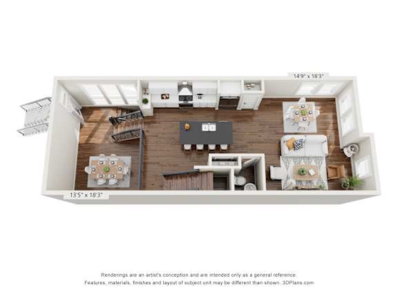 A 3D floor plan of a small apartment with a kitchen, living room, and dining area.