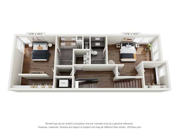 A floor plan of a two-bedroom apartment with a kitchen, living room, and bathroom.