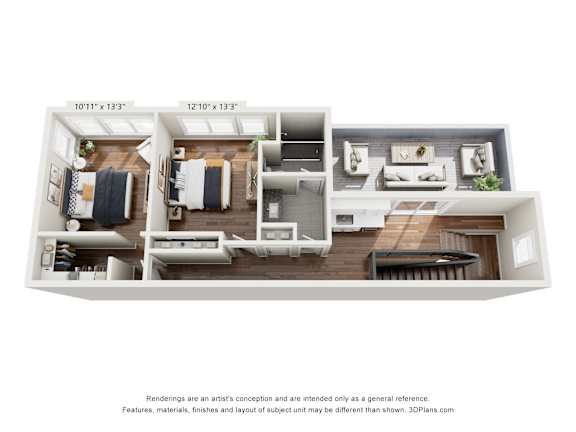 A 3D floor plan of a house with two bedrooms, a living room, a kitchen, and a bathroom.