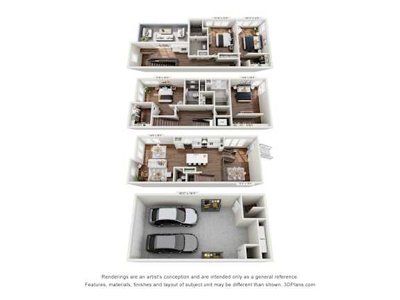 A set of four 3D floor plans for a house.