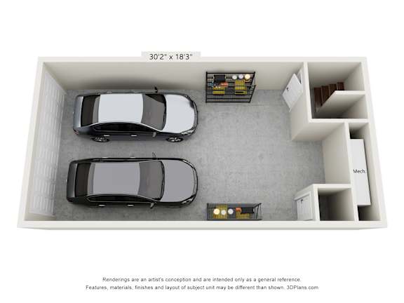 A 3D rendering of a car in a garage.