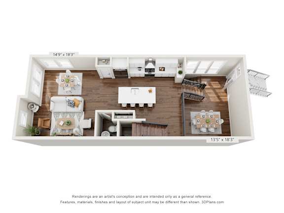 A 3D floor plan of a small apartment with a kitchen, living room, and bathroom.