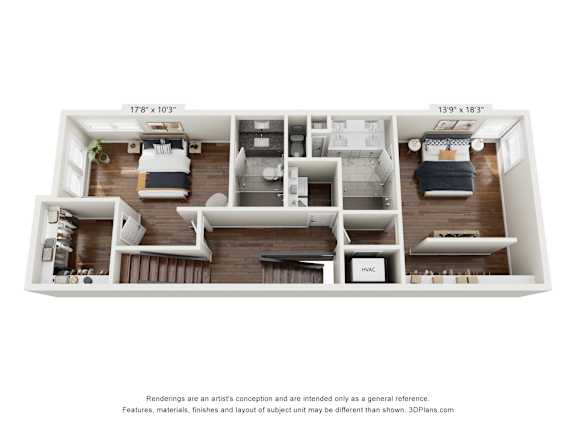 A floor plan of a two-bedroom apartment with a living room, kitchen, and bathroom.