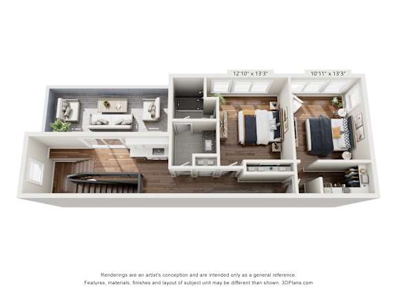 A 3D floor plan of a house with two bedrooms, a living room, and a kitchen.