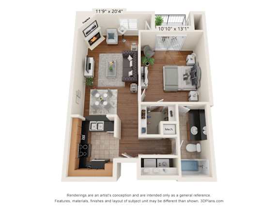 A 3D floor plan of a small apartment with a kitchen, living room, and bedroom.