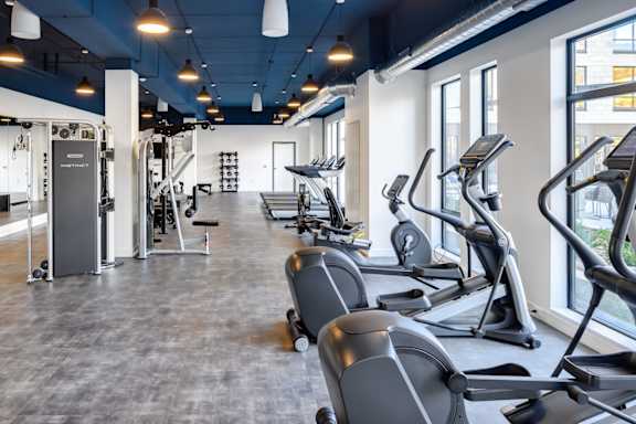 A gym with treadmills, elliptical machines, and other exercise equipment.