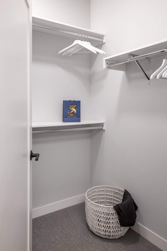 A small closet with a basket and a shelf.