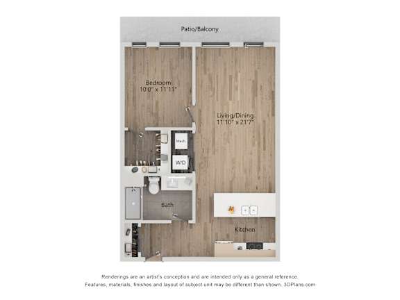 A floor plan of a small apartment with a kitchen, bathroom, and bedroom.