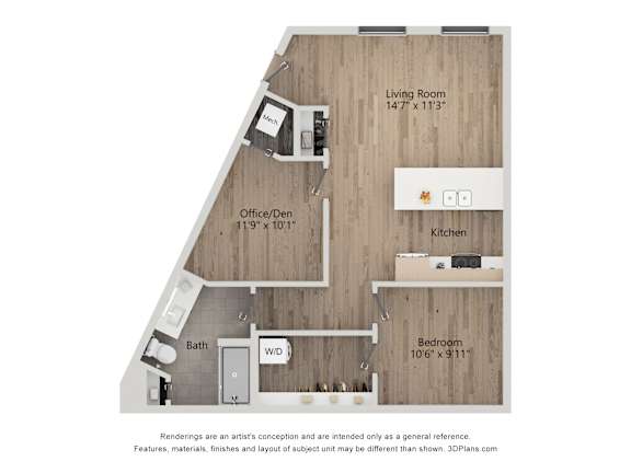 A 3D floor plan of a small apartment with a living room, kitchen, bedroom, bathroom, and office.