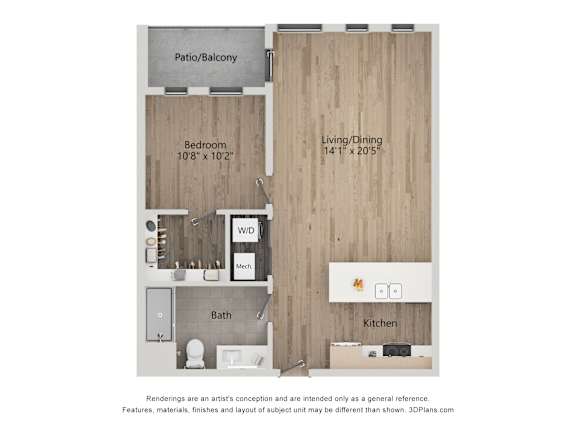 A 3D floor plan of a small apartment with a bedroom, bathroom, kitchen, and living/dining area.
