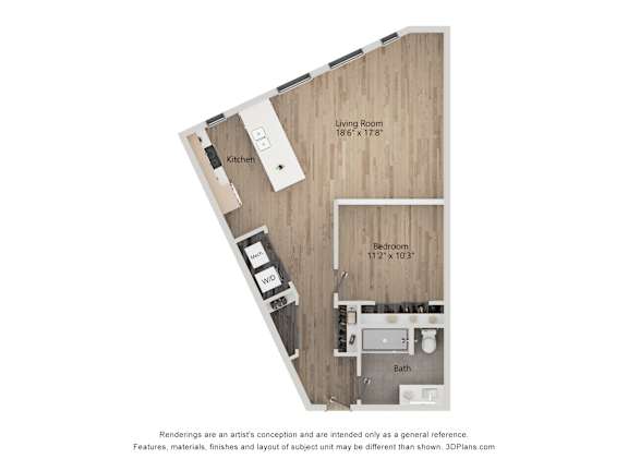 A diagram of a small apartment layout with a living room, kitchen, and bedroom.
