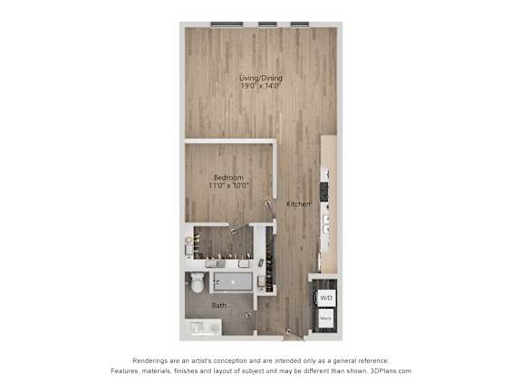 A floor plan of a small apartment with a living room, dining room, bedroom, bathroom, and kitchen.