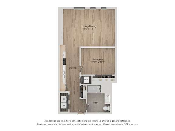 A floor plan of a small apartment with a living/dining area, kitchen, bathroom, and bedroom.