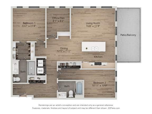 A floor plan of a house with a living room, two bedrooms, a dining room, a kitchen, a bathroom, and a workspace.
