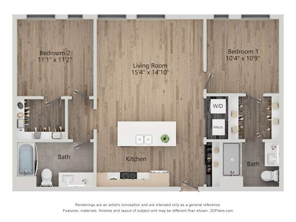 A 3D floor plan of a house with a living room, kitchen, two bathrooms and two bedrooms.