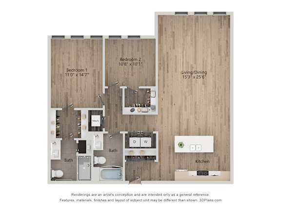 A 3D floor plan of a home with two bathrooms, two bedrooms, a living/dining area, and a kitchen.