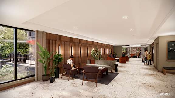 A modern interior space with wooden walls and furniture.