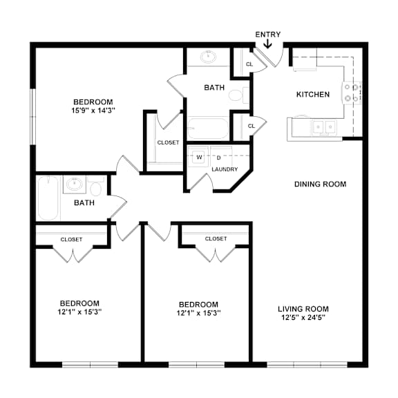 A black and white image of a floor plan for a house with a living room, dining room, kitchen, and three bedrooms.