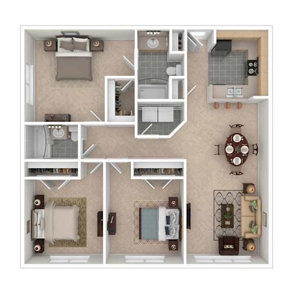 A floor plan of a house with two bedrooms, a living room, a kitchen, and a bathroom.
