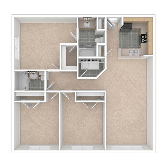 A floor plan of a small apartment with two bedrooms and a living area.