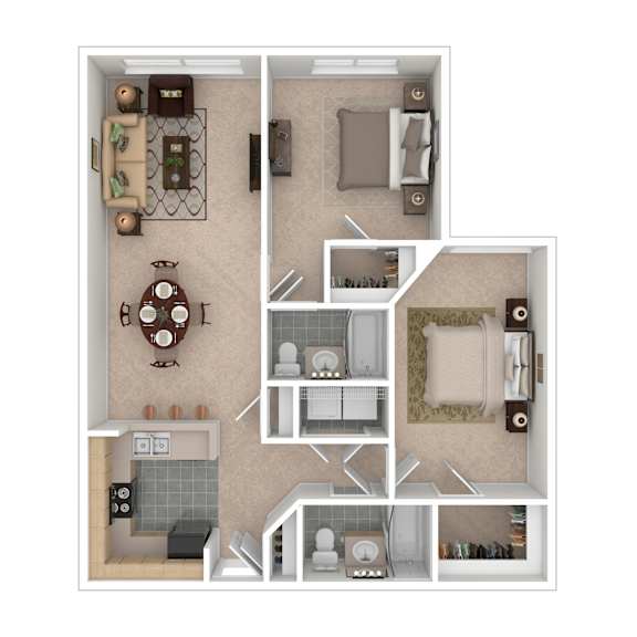 A floor plan of a small apartment with a kitchen, living room, and bathroom.