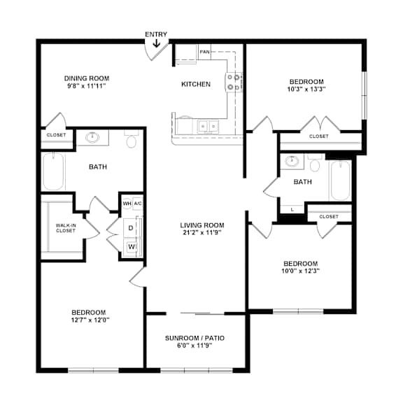 A black and white image of a floor plan for a home with a living room, dining room, kitchen, and four bedrooms.