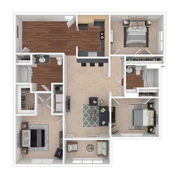 A detailed 3D floor plan of a small apartment.