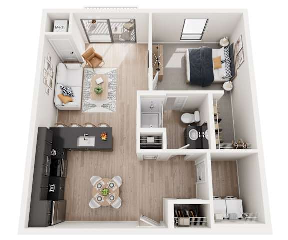 A top-down view of a small apartment with a kitchen, living room, and bedroom.