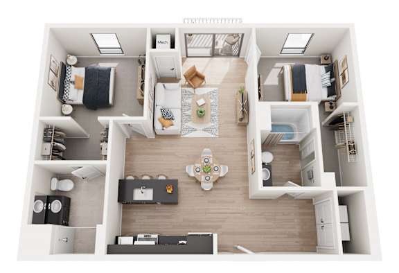 Floor Plan  A top-down view of a small apartment with a kitchen, living room, and bedroom.