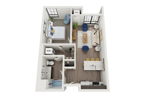 1 bedroom 1 bathroom floor plan E at The Landing at 1001 NP, Fargo, ND, 58102
