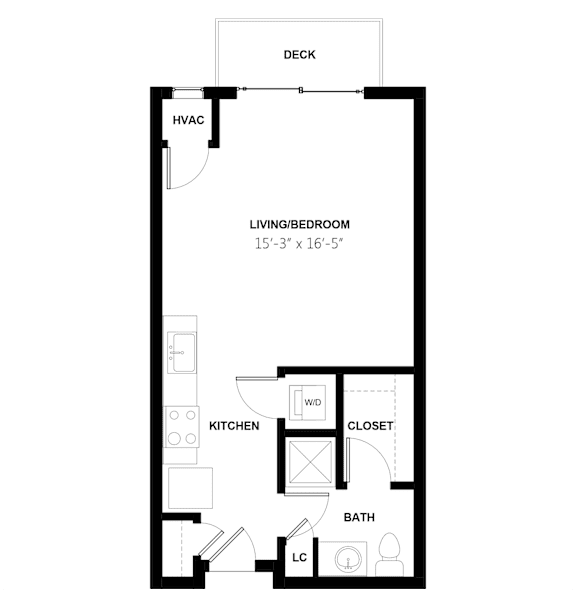 A floor plan of a small apartment with a living room, kitchen, bathroom, and closet.
