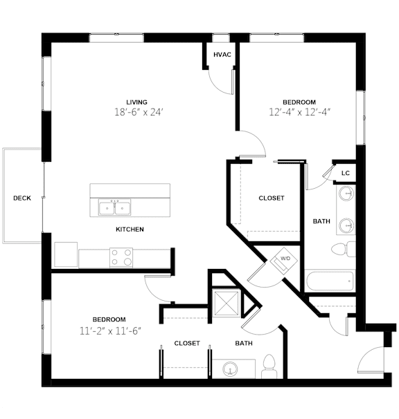 A black and white image of a house floor plan with a living room, kitchen, two bedrooms, a bathroom, a closet, and a deck.