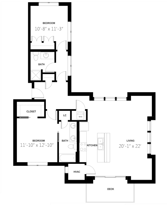A floor plan of a house with two bedrooms, a living room, a kitchen, a bath, a closet, and a deck.