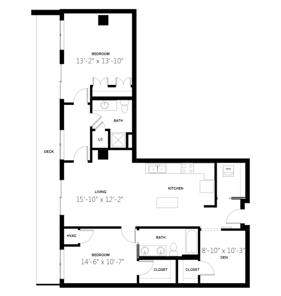 A floor plan of a house with three bedrooms, a living area, kitchen, and bathrooms.