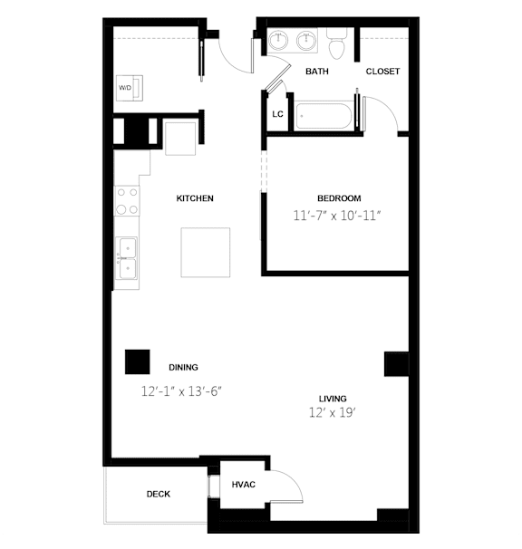 A floor plan of a small apartment with a kitchen, living room, bedroom, and bathroom.