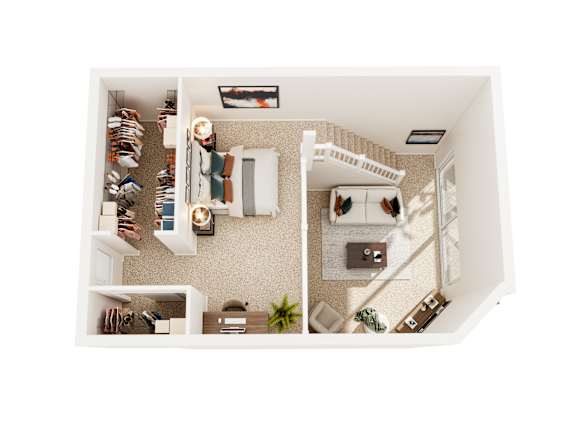 A top-down view of a small, neatly organized apartment.