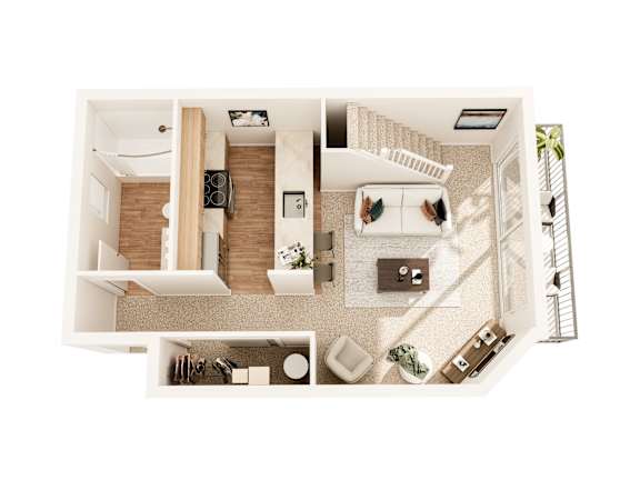 A top-down view of a modern apartment with a kitchen, living room, and bedroom.