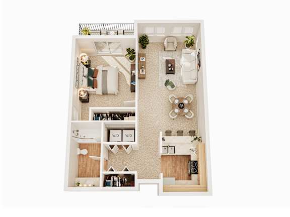 A floor plan of a small apartment with two bedrooms and a living room.