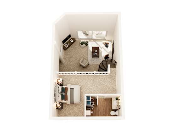 A top down view of a small apartment with a bed, a couch, a table, and a chair.