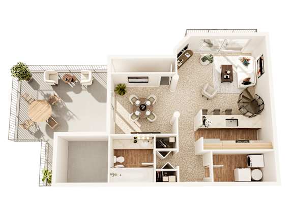 A top-down view of a modern apartment layout.
