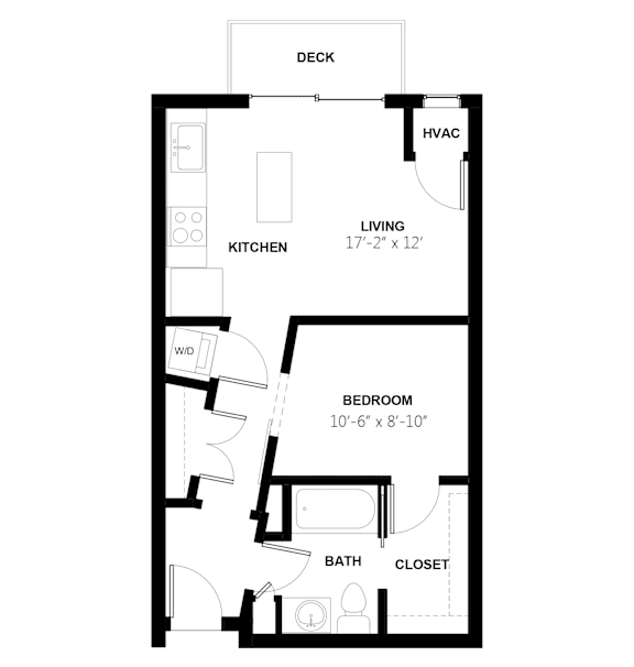 A floor plan of a small apartment with a kitchen, living room, bedroom, bathroom, and closet.