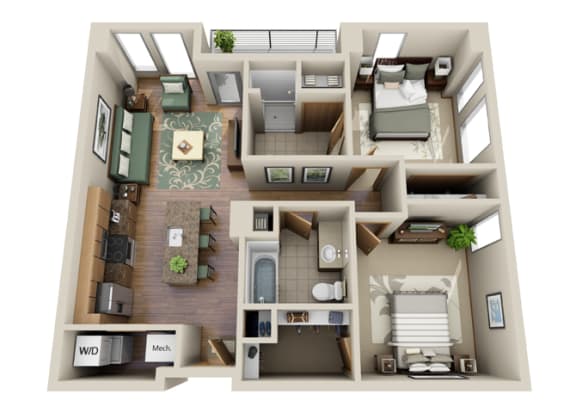 a spacious two bedroom apartment with two bathrooms and a spacious living room with a fireplace and a