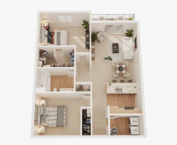 A top-down view of a small apartment layout with a kitchen, living room, and bedroom.