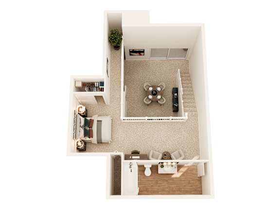 A top down view of a small apartment with a living area, kitchen, and bathroom.