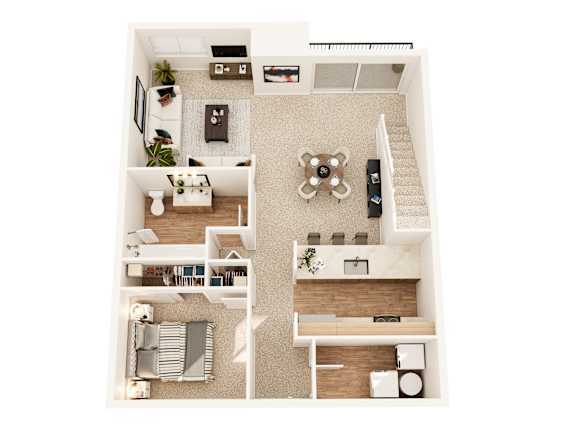Floor Plan  A top-down view of a small apartment with a living room, kitchen, and bedroom.