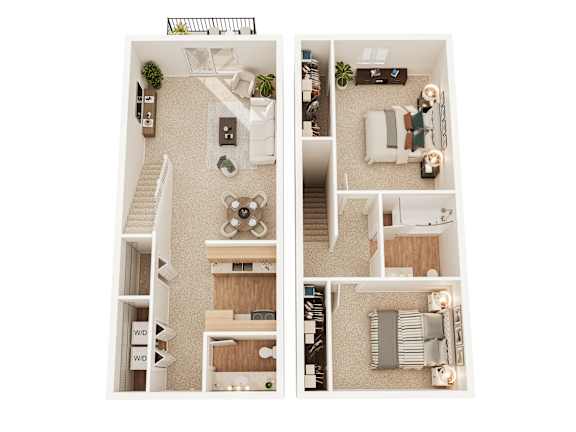 A top-down view of a small apartment with a living room, kitchen, and bedroom.